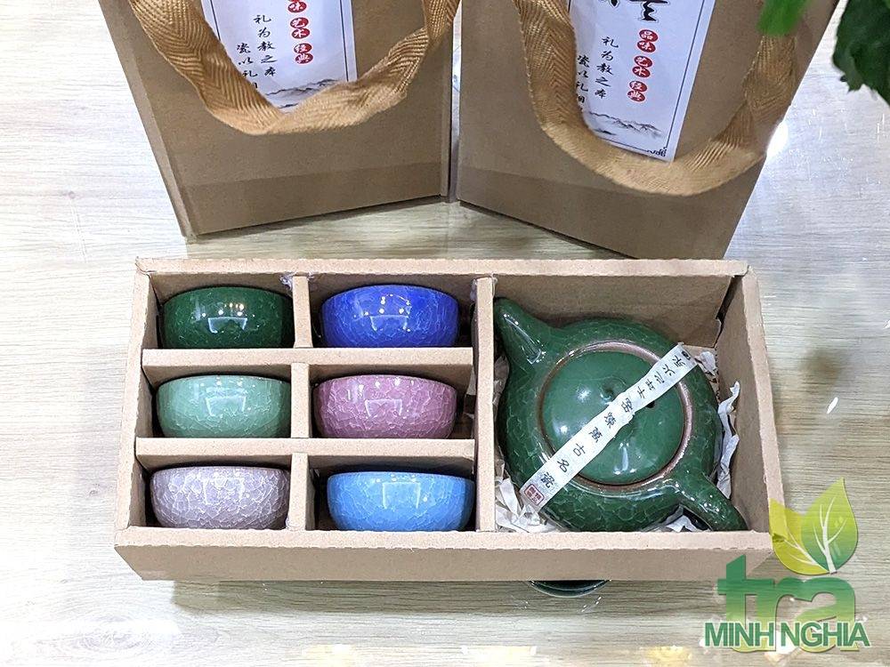 Hộp ấm chén sắc màu men rạn ấm màu xanh lá đậm